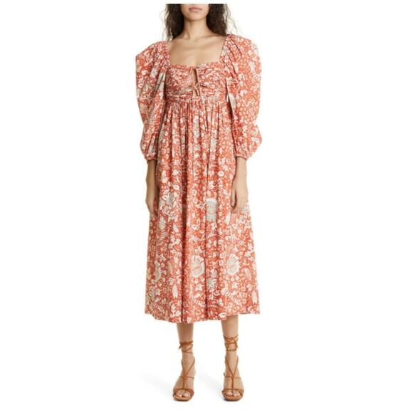 ULLA JOHNSON Alessa Floral Balloon Sleeve Cotton Midi Dress Size 0 - Picture 3 of 15